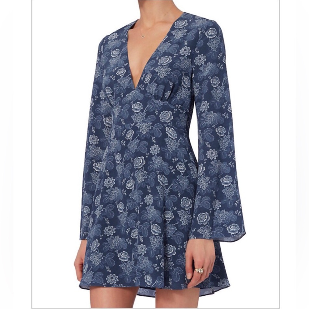 Intermix Sonya Silk Floral Leaf Back Cutout V-Neck Long Sleeve Mini Dress Size S